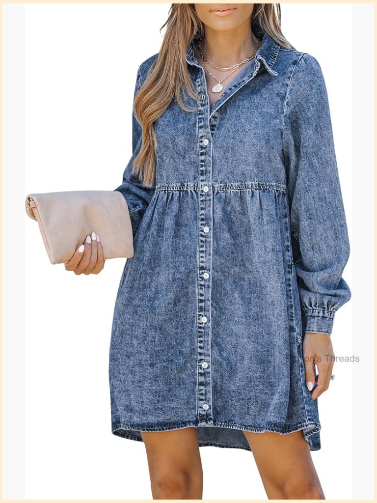 Long Sleeve Denim Dress Babydoll Casual Button Down